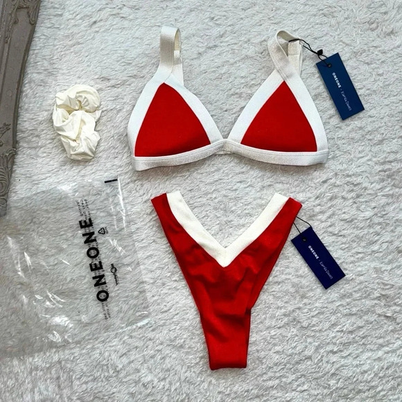 NWT OneOne Swimwear Bikini Set London Red White Small New Jesse Kameron 2024 - Picture 4 of 14